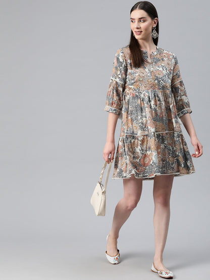 Grey Color Cotton Fabric Tiered Dress