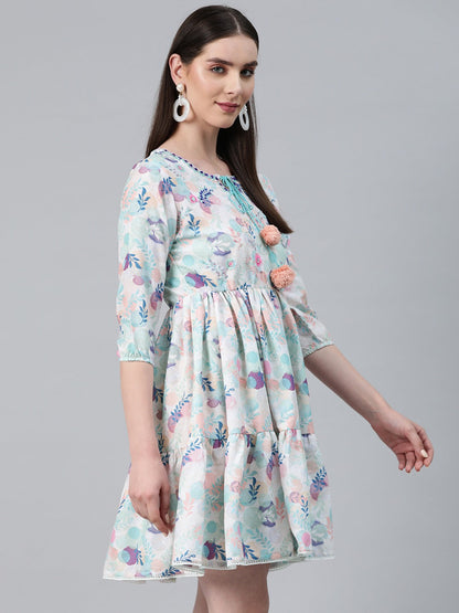 Multi Color Cotton Fabric Tiered Dress