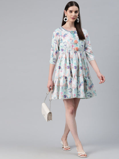 Multi Color Cotton Fabric Tiered Dress