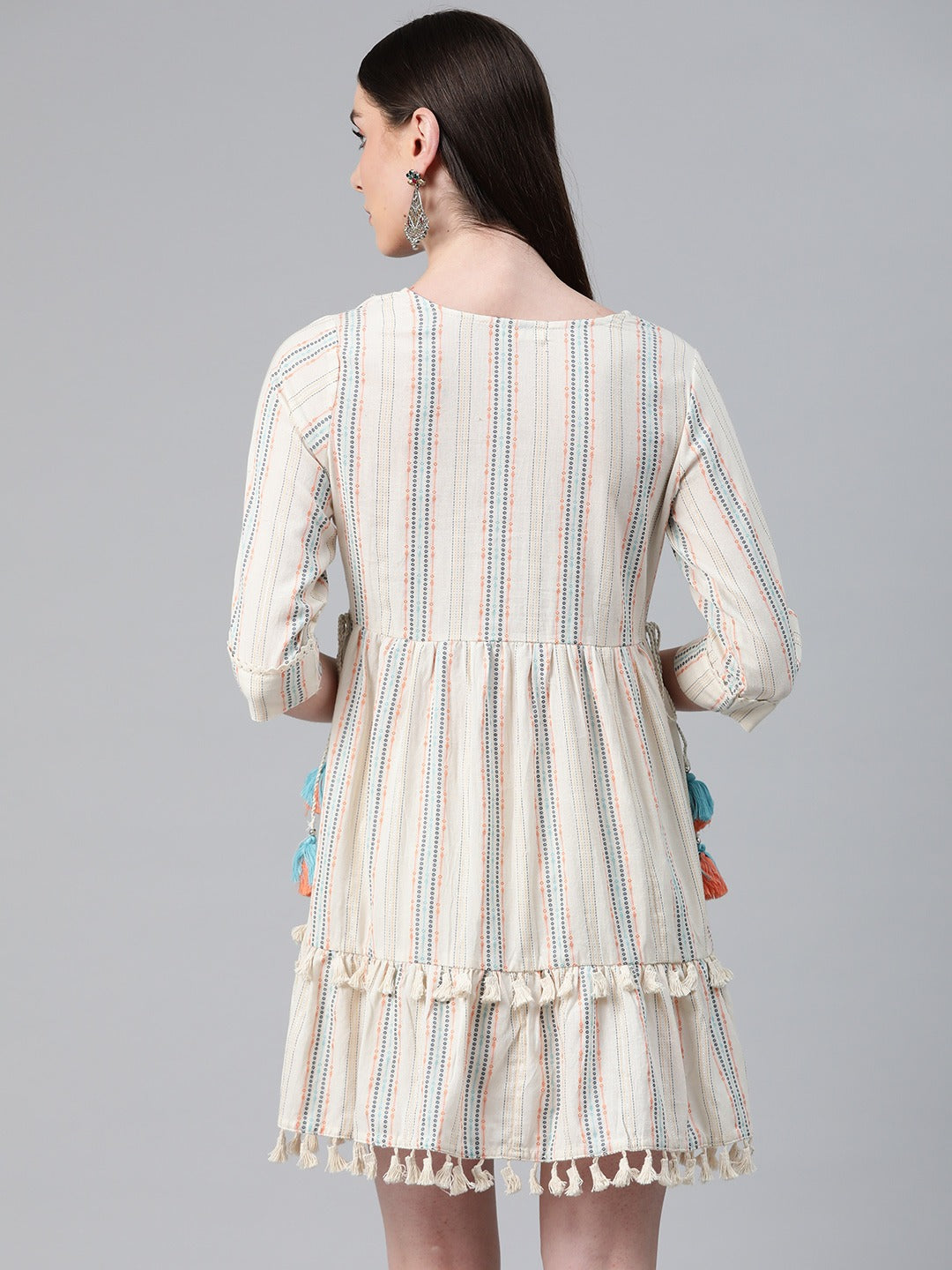 Off White Color Cotton Fabric Tiered Dress