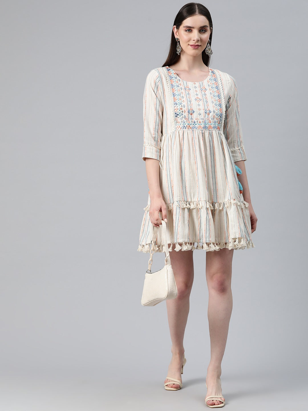 Off White Color Cotton Fabric Tiered Dress