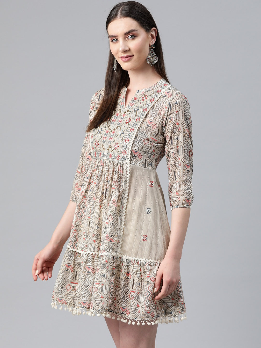 Grey Color Cotton Fabric Tiered Dress