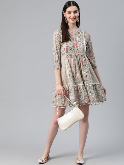 Grey Color Cotton Fabric Tiered Dress