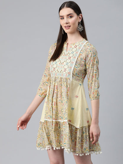 Yellow Color Cotton Fabric Tiered Dress