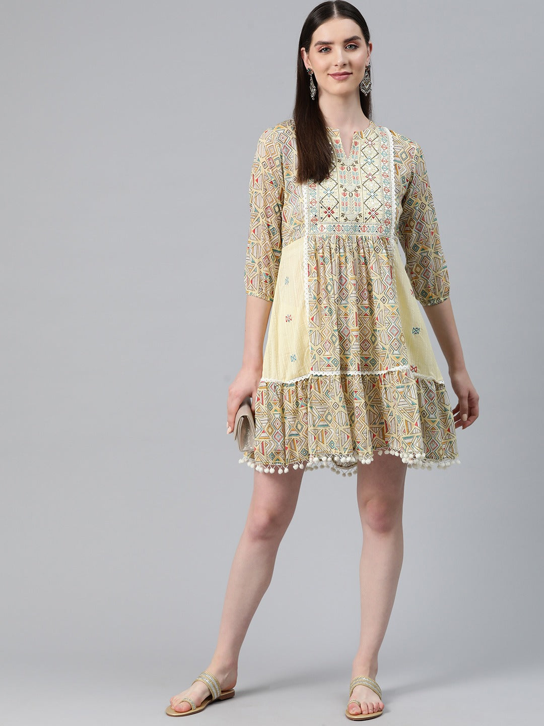 Yellow Color Cotton Fabric Tiered Dress