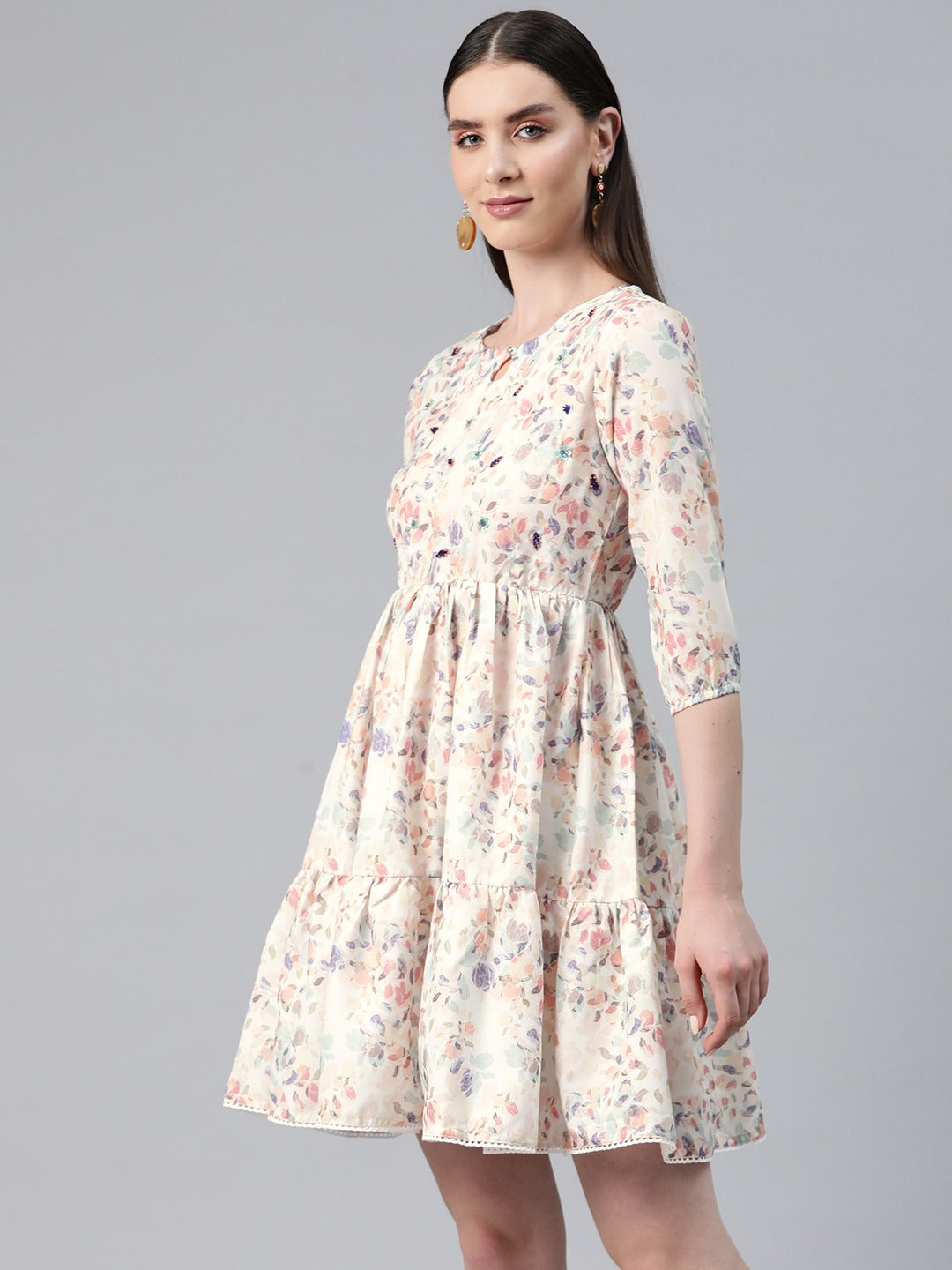 Multi Color Cotton Fabric Tiered Dress