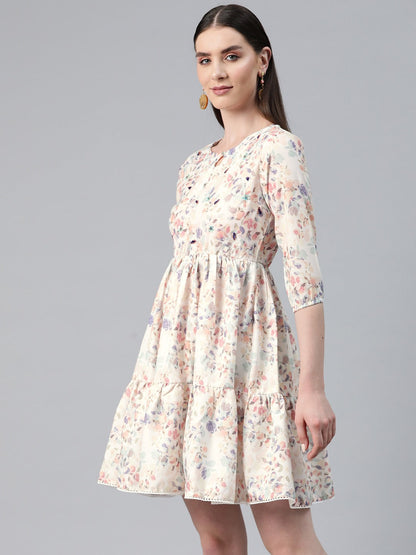 Multi Color Cotton Fabric Tiered Dress