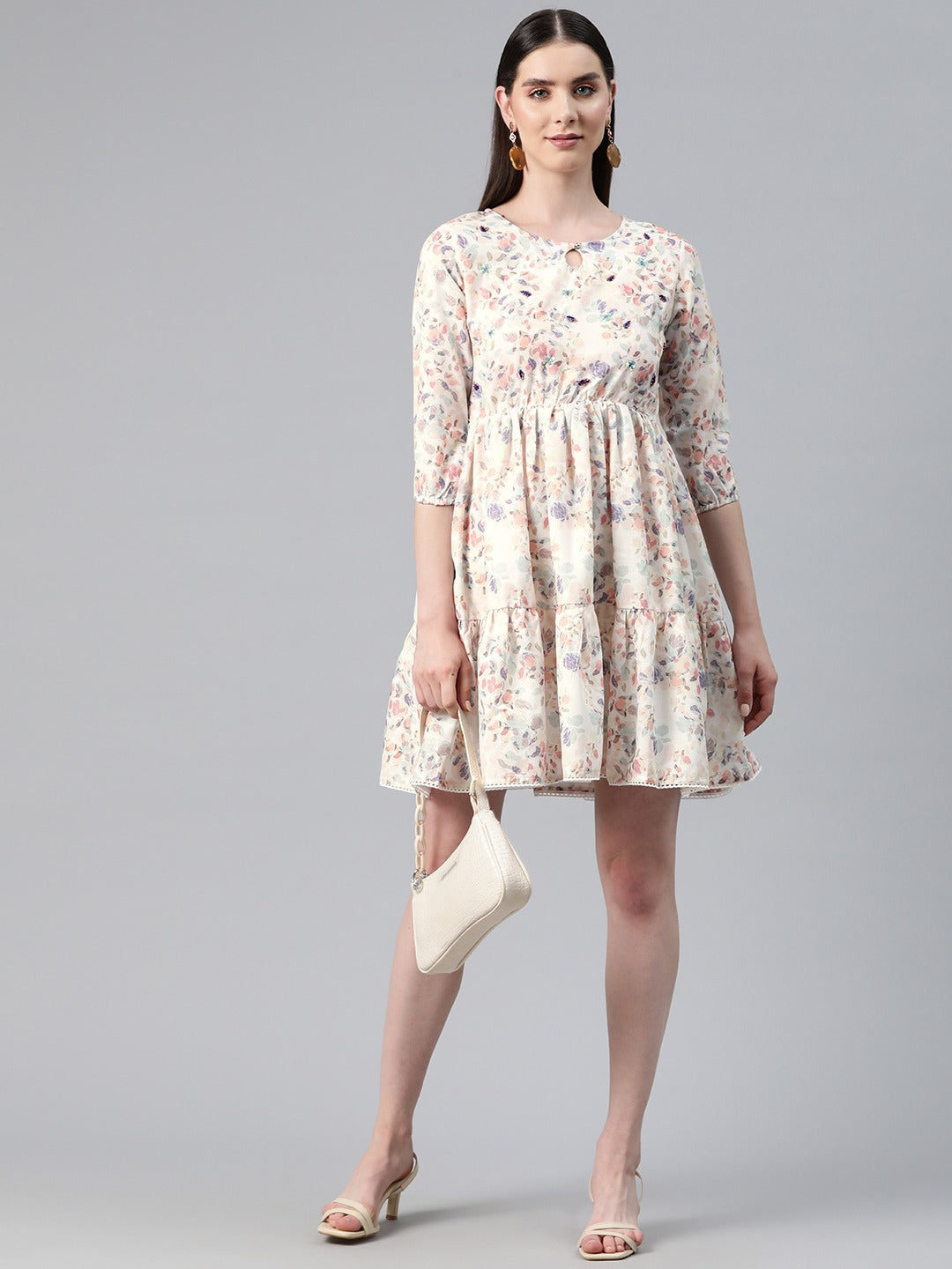 Multi Color Cotton Fabric Tiered Dress