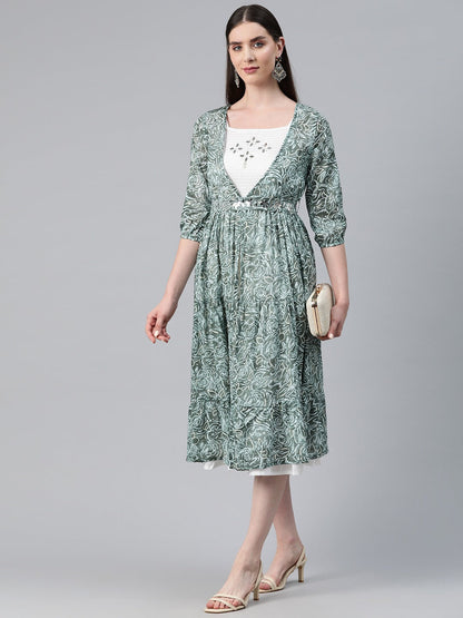 Green Color Cotton Fabric Tiered Dress With Jacket