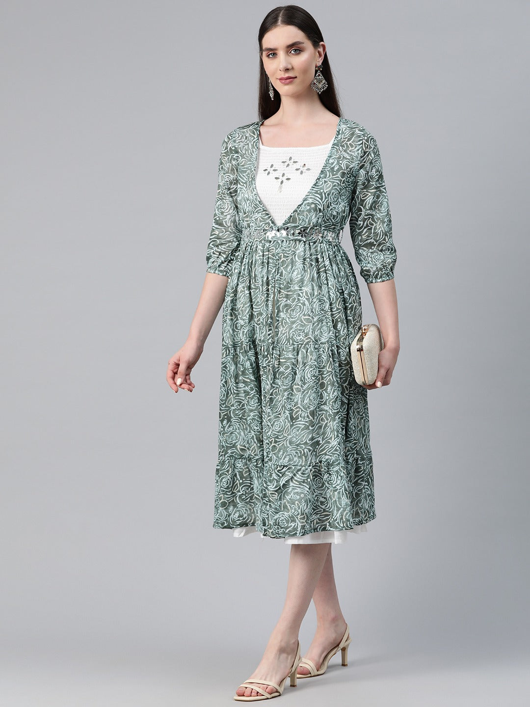 Green Color Cotton Fabric Tiered Dress With Jacket