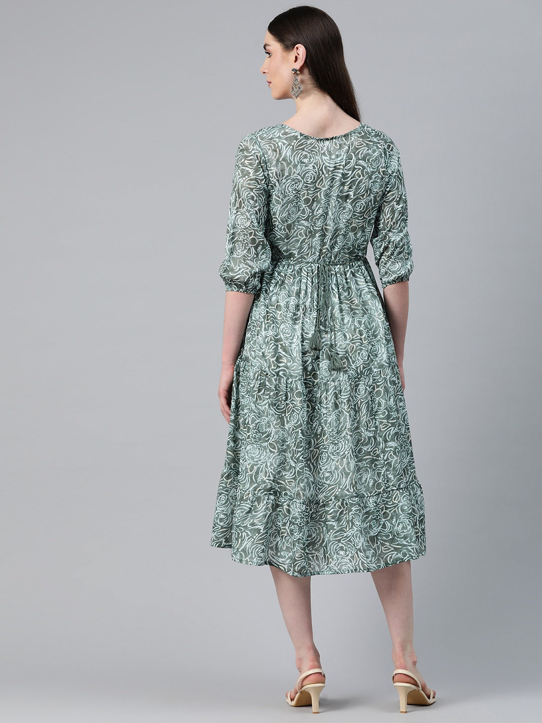 Green Color Cotton Fabric Tiered Dress With Jacket