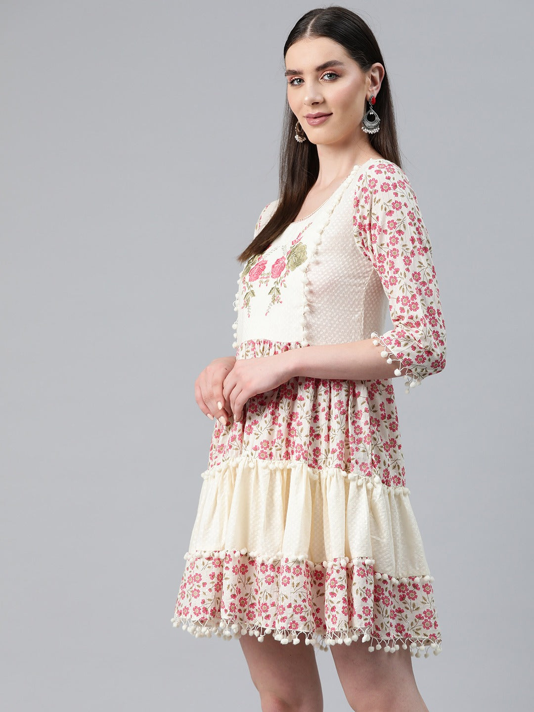 Pink & Cream Color Cotton Fabric Tiered Dress