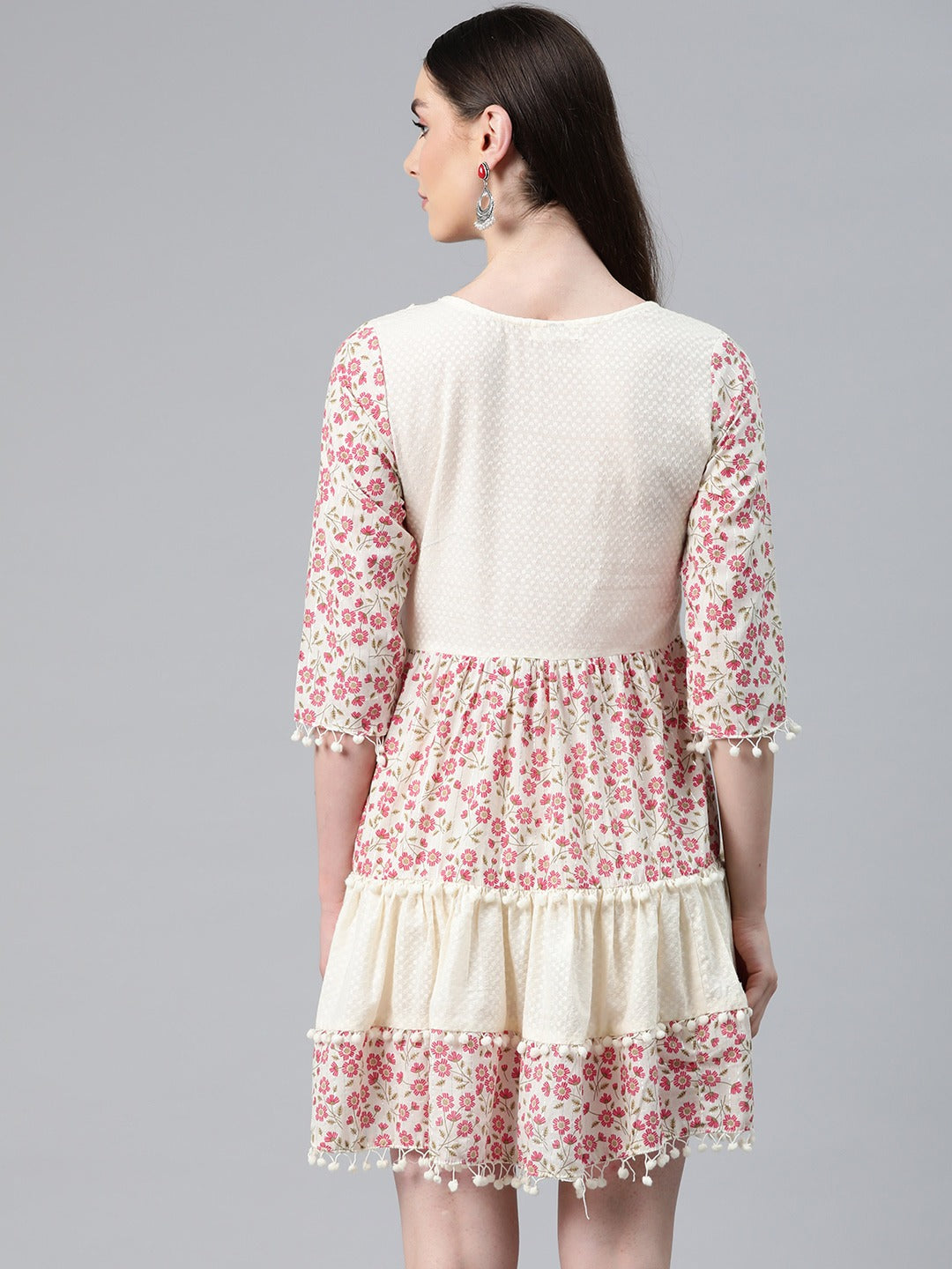 Pink & Cream Color Cotton Fabric Tiered Dress