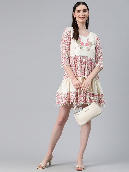 Pink & Cream Color Cotton Fabric Tiered Dress