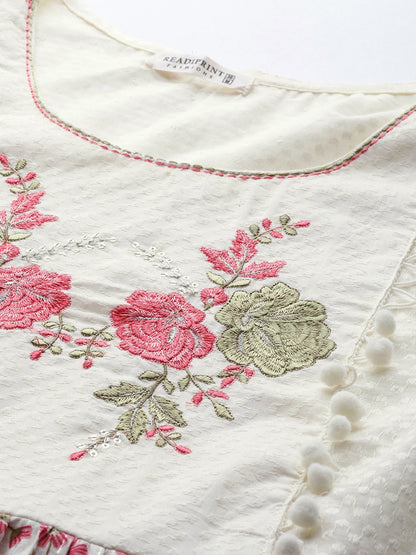 Pink & Cream Color Cotton Fabric Tiered Dress