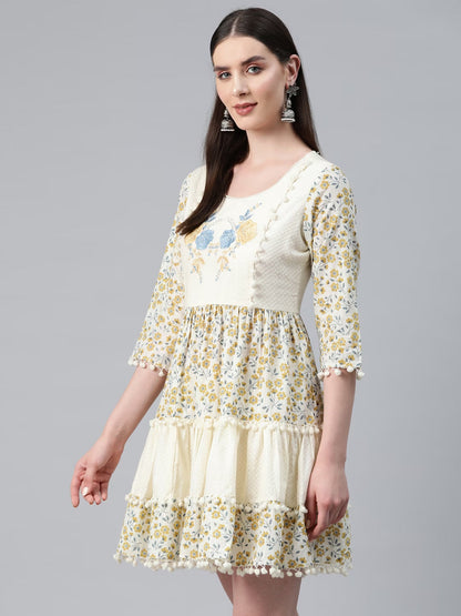 Blue & Cream Color Cotton Fabric Tiered Dress