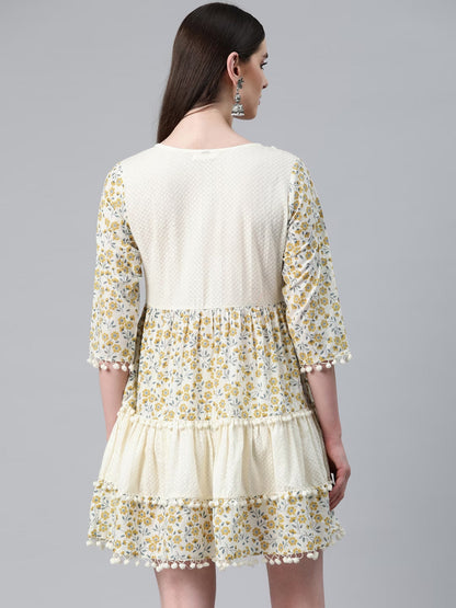 Blue & Cream Color Cotton Fabric Tiered Dress