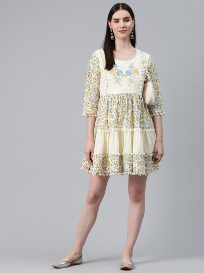 Blue & Cream Color Cotton Fabric Tiered Dress