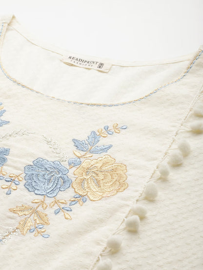 Blue & Cream Color Cotton Fabric Tiered Dress