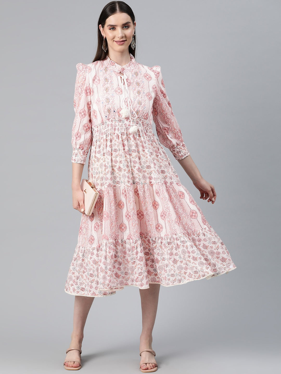 Pink Color Cotton Fabric Tiered Dress