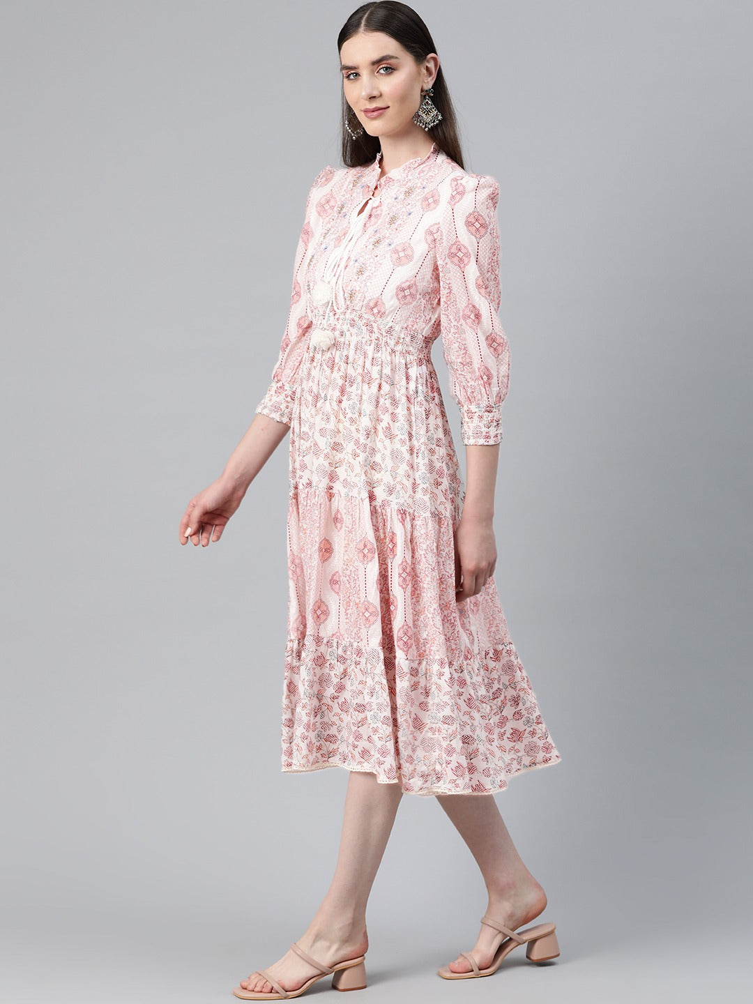 Pink Color Cotton Fabric Tiered Dress