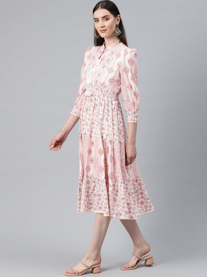 Pink Color Cotton Fabric Tiered Dress