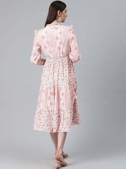 Pink Color Cotton Fabric Tiered Dress