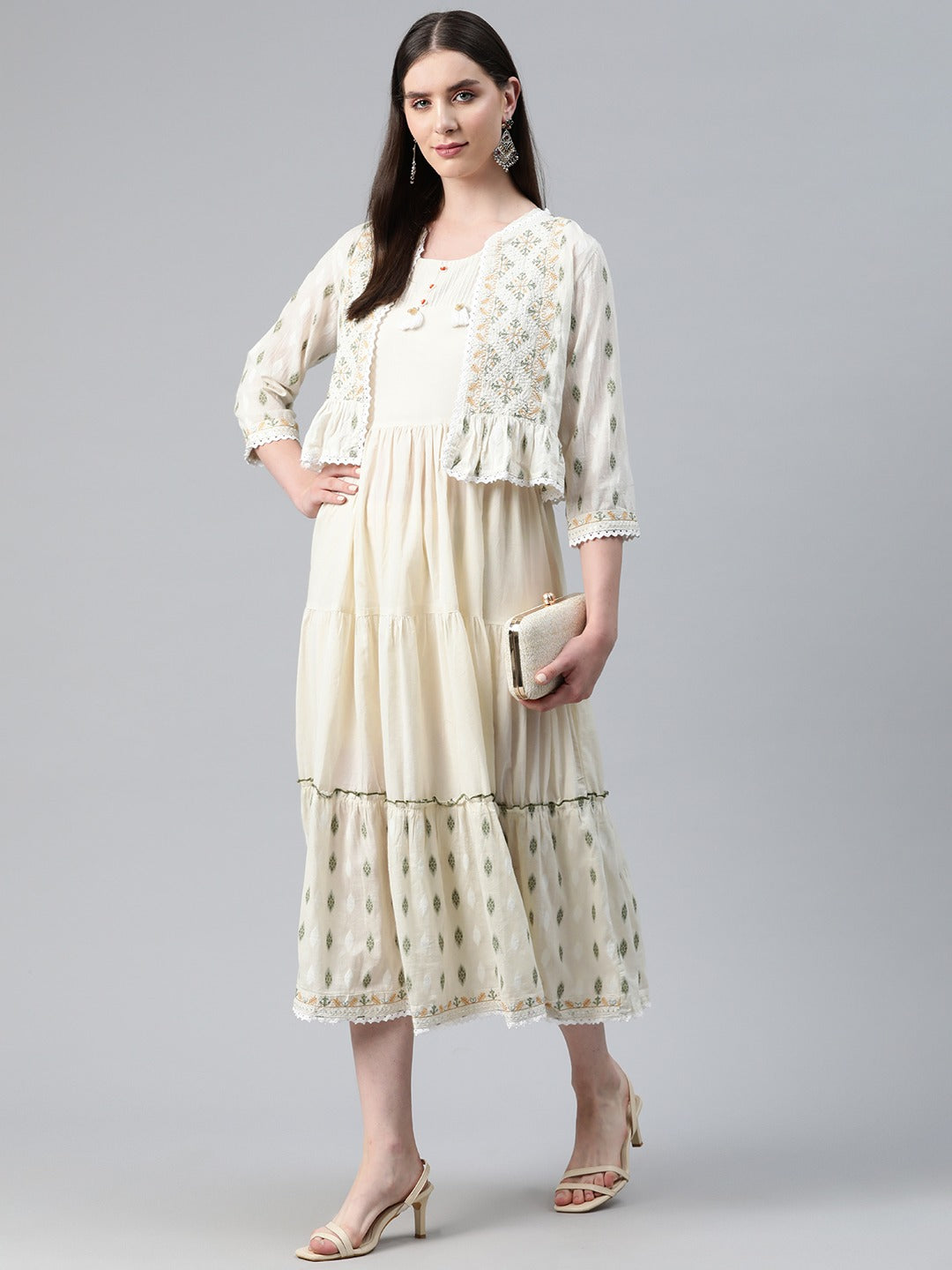 Off White Color Cotton Fabric Tiered Dress With Jacket