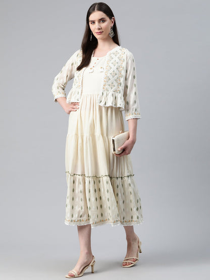 Off White Color Cotton Fabric Tiered Dress With Jacket