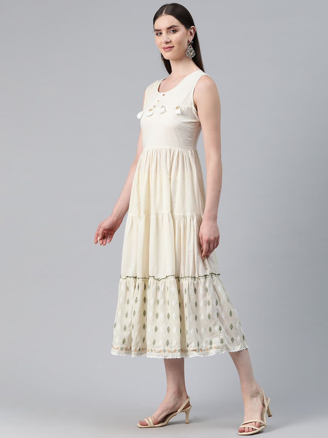 Off White Color Cotton Fabric Tiered Dress With Jacket