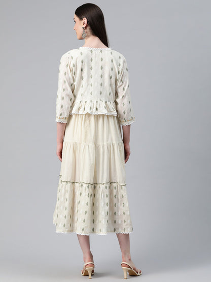 Off White Color Cotton Fabric Tiered Dress With Jacket