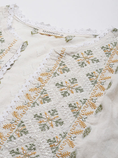 Off White Color Cotton Fabric Tiered Dress With Jacket