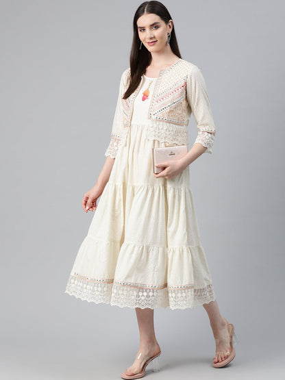 Cream Color Cotton Fabric Tiered Dress With Jacket Trendphoria Cream Color Cotton Fabric Tiered Dress With Jacket Trendphoria