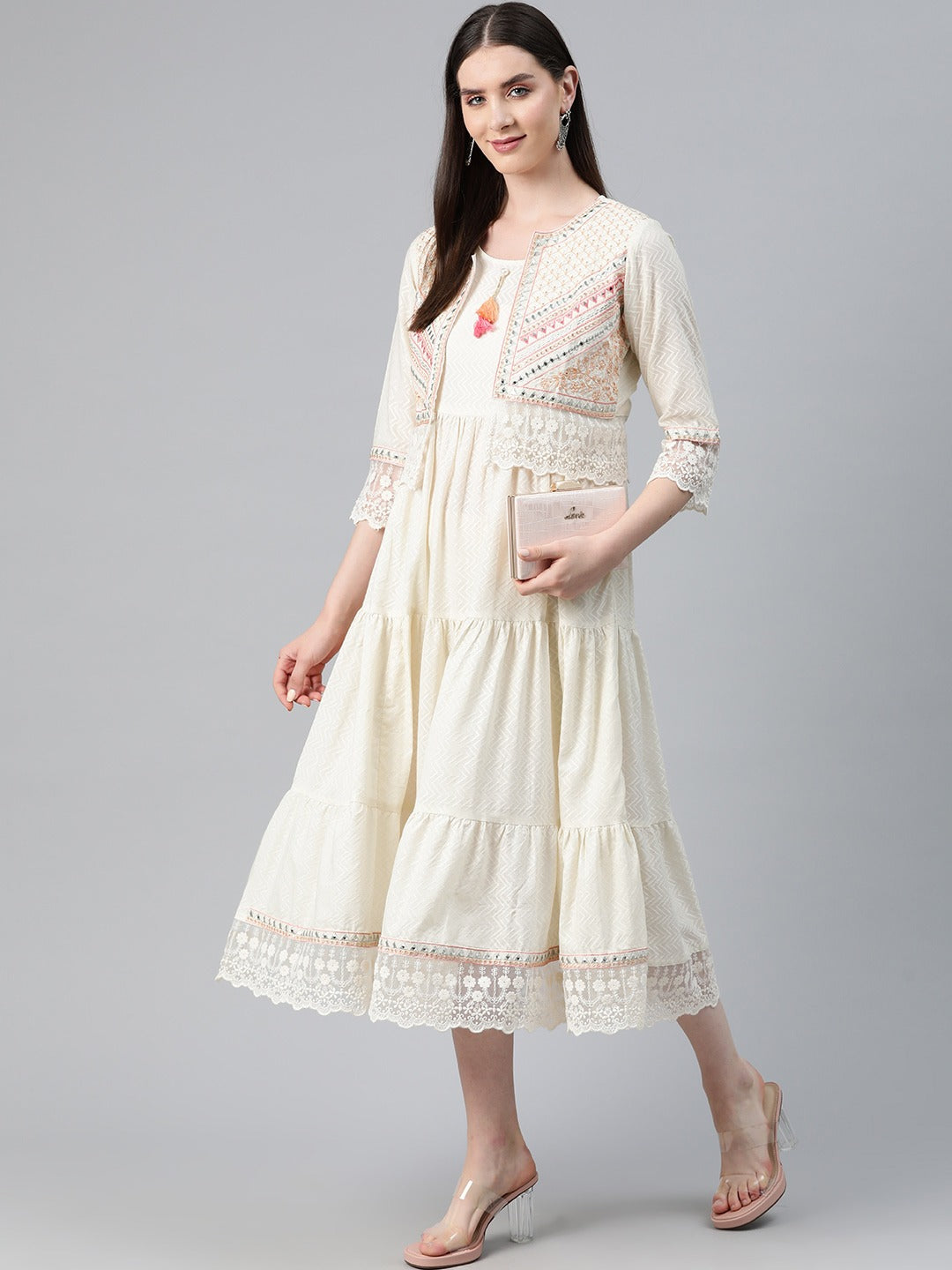 Cream Color Cotton Fabric Tiered Dress With Jacket