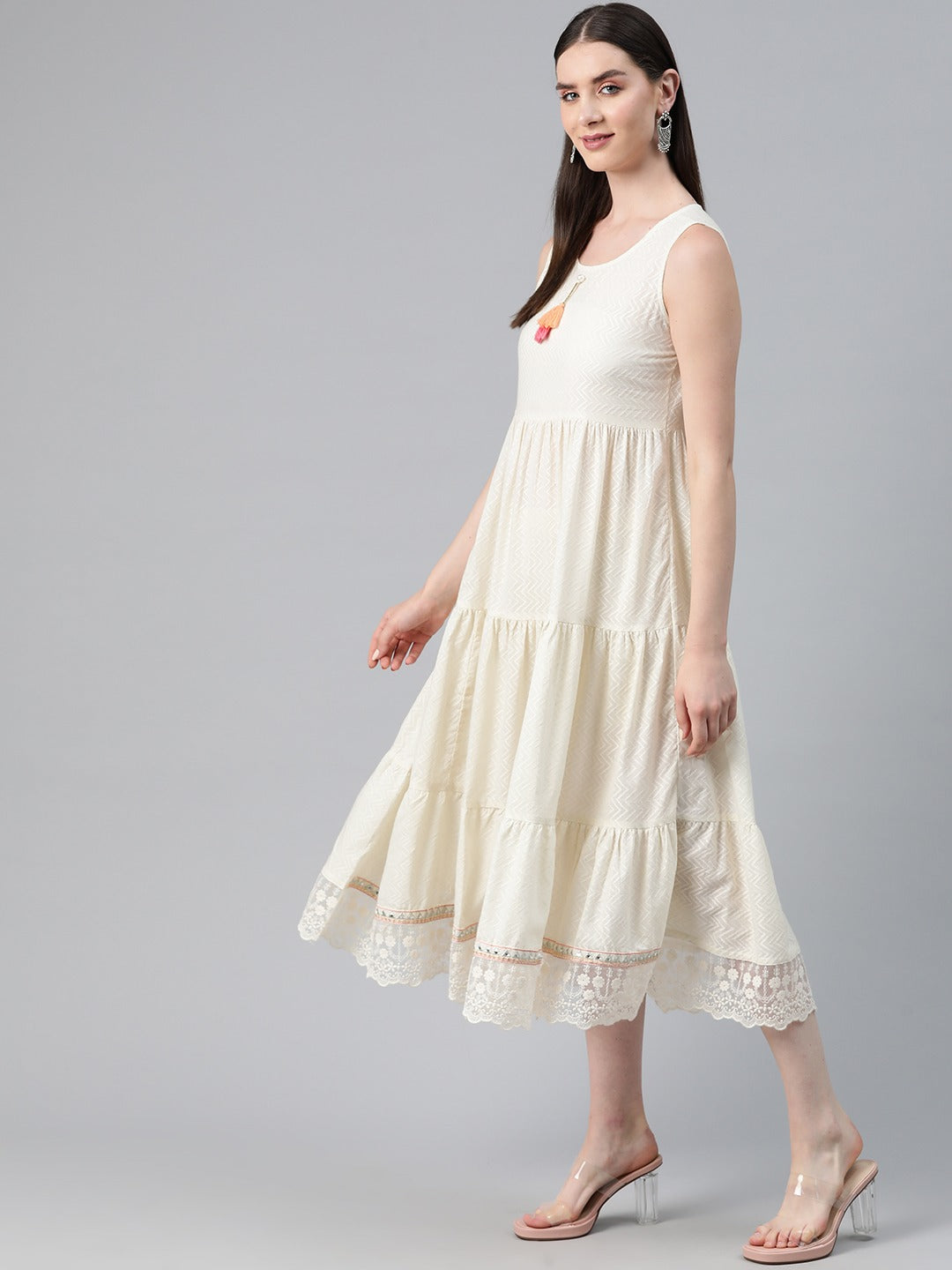 Cream Color Cotton Fabric Tiered Dress With Jacket