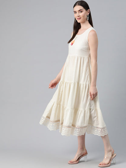 Cream Color Cotton Fabric Tiered Dress With Jacket