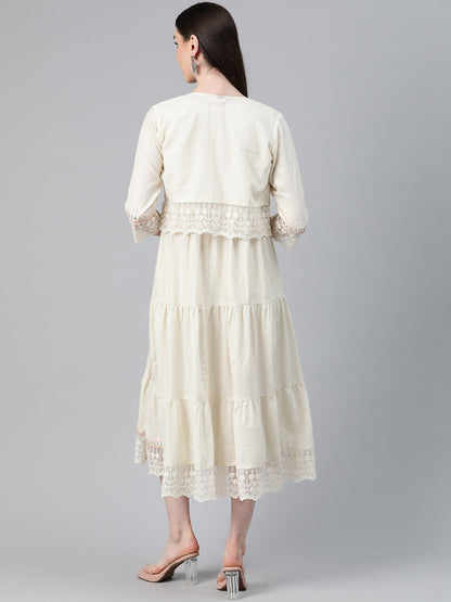 Cream Color Cotton Fabric Tiered Dress With Jacket