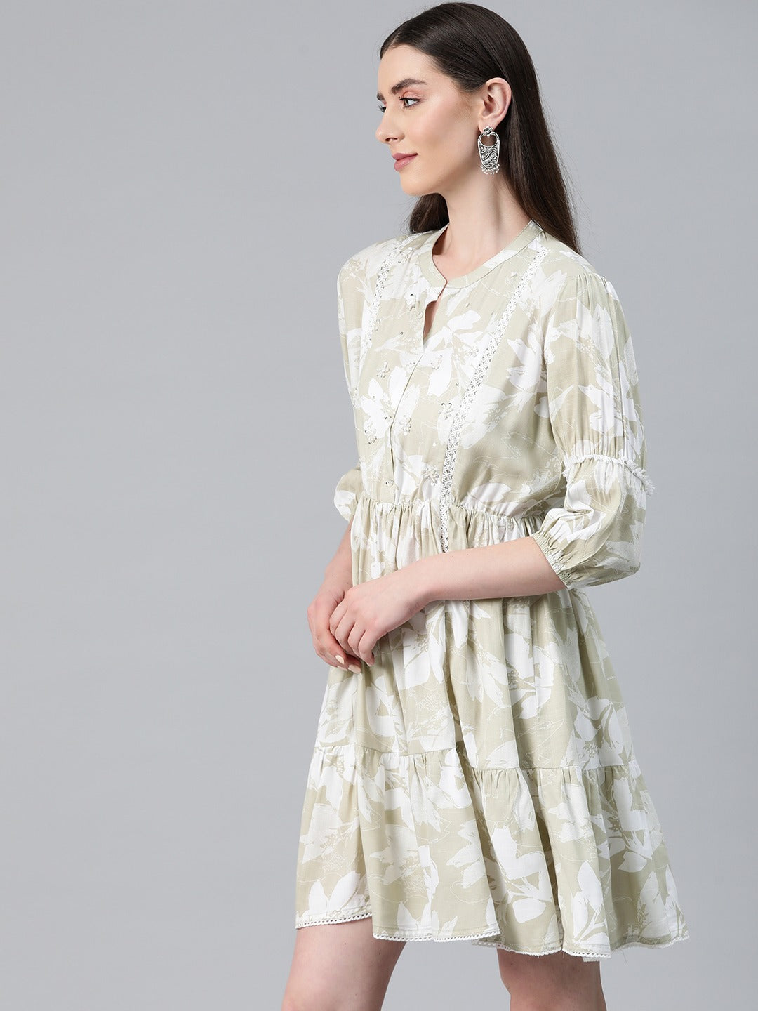 Beige Color Cotton Fabric Tiered Dress