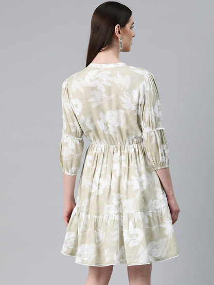 Beige Color Cotton Fabric Tiered Dress