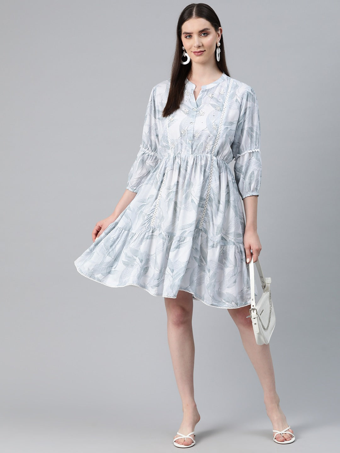 Grey Color Cotton Fabric Tiered Dress