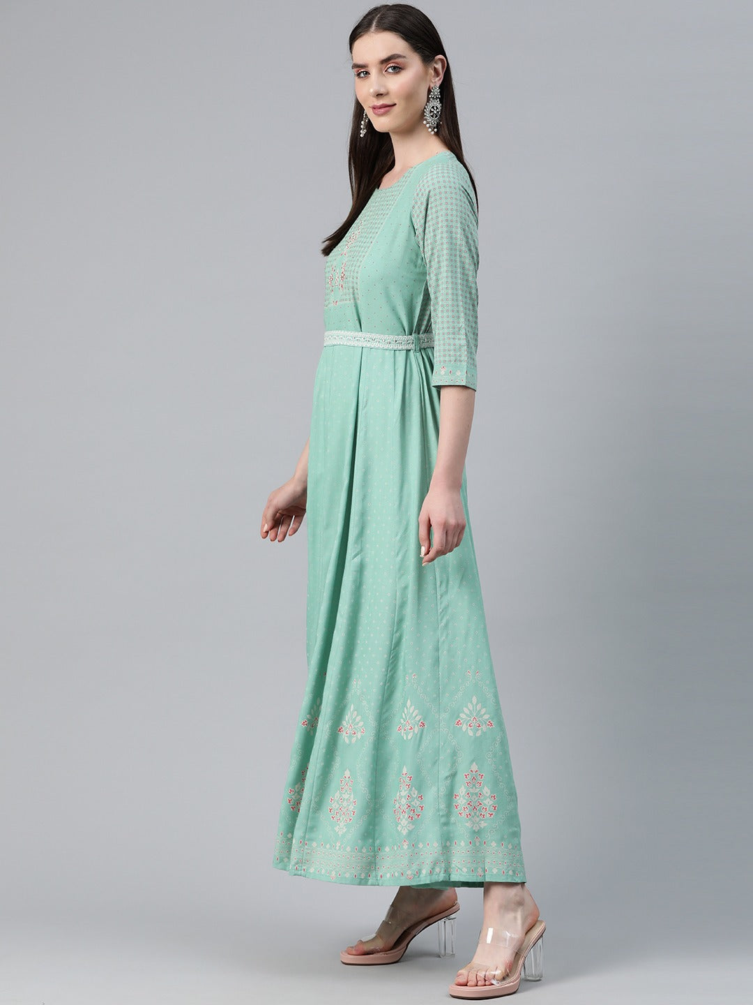 Green Color Rayon Fabric Panelled Dress