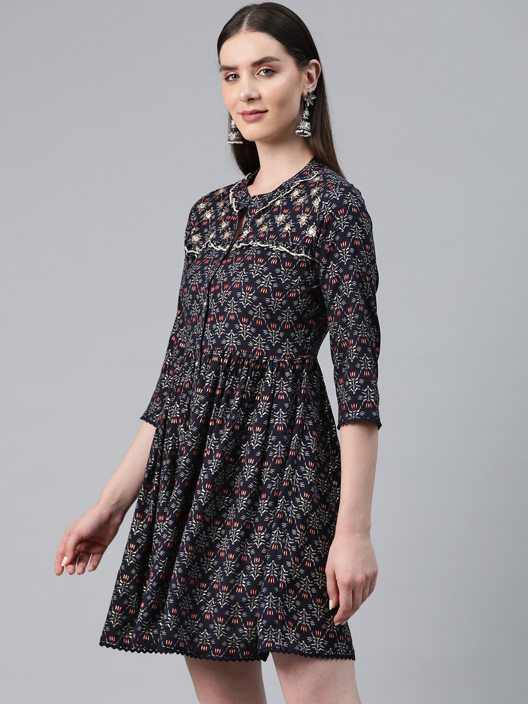 Navy Blue Color Rayon Fabric Gathered  Dress