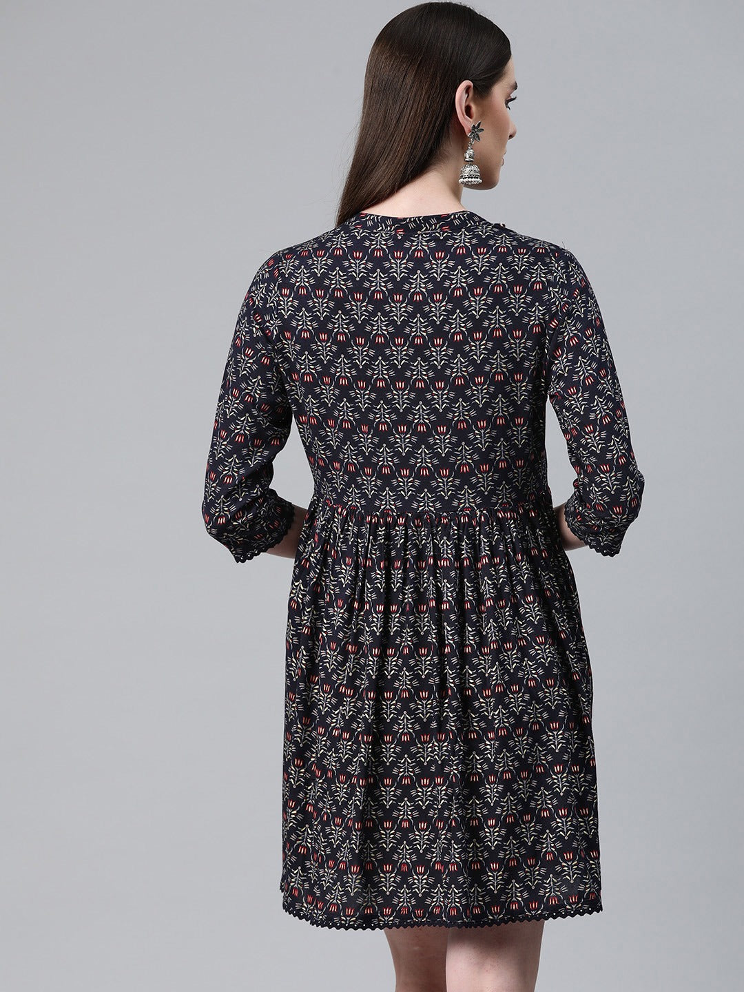 Navy Blue Color Rayon Fabric Gathered  Dress