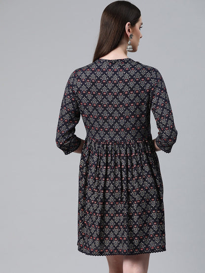 Navy Blue Color Rayon Fabric Gathered  Dress