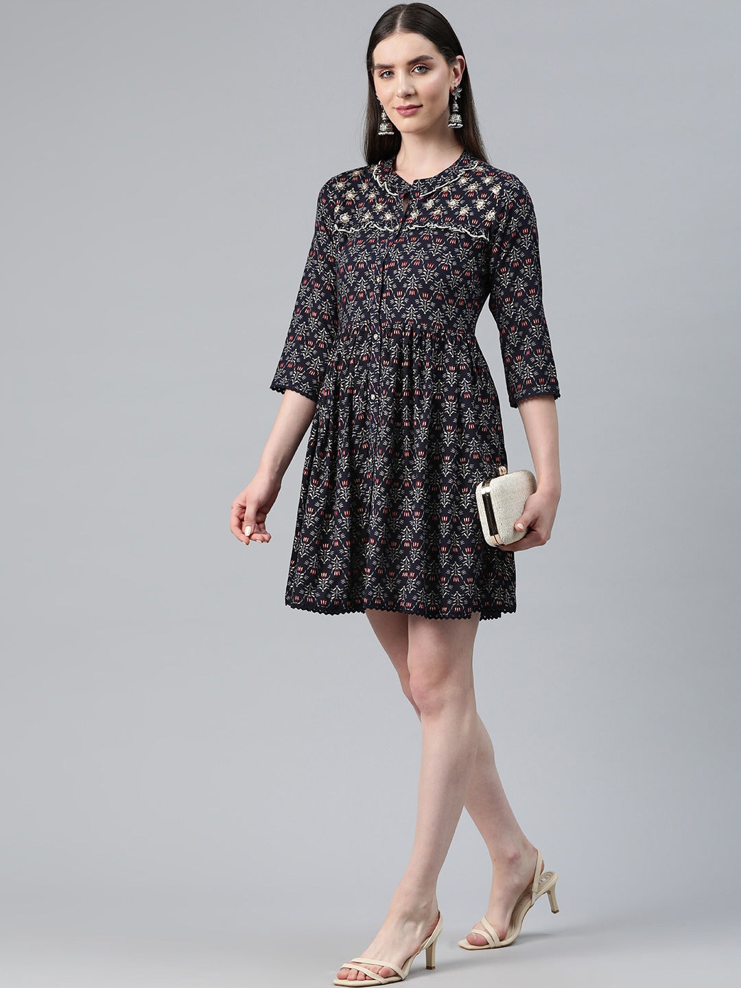 Navy Blue Color Rayon Fabric Gathered  Dress