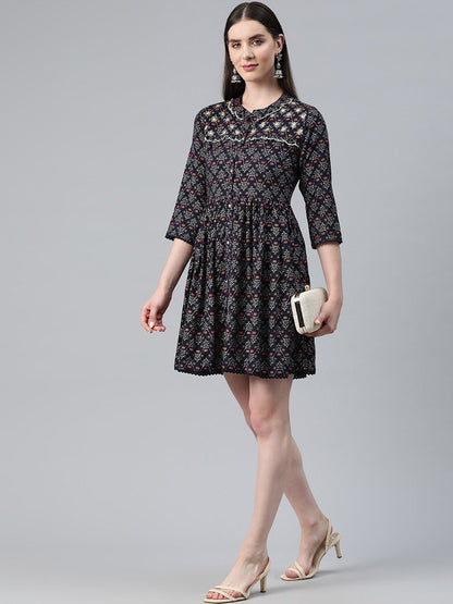 Navy Blue Color Rayon Fabric Gathered  Dress