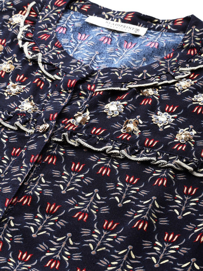 Navy Blue Color Rayon Fabric Gathered  Dress