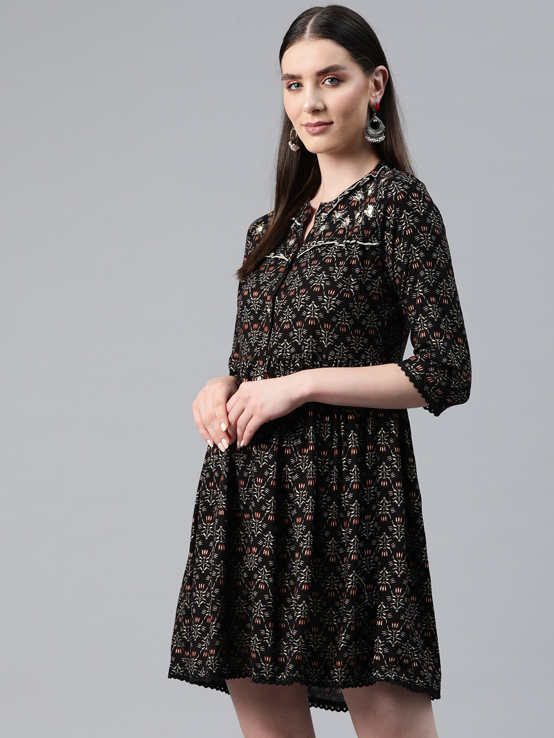 Black Color Rayon Fabric Gathered  Dress