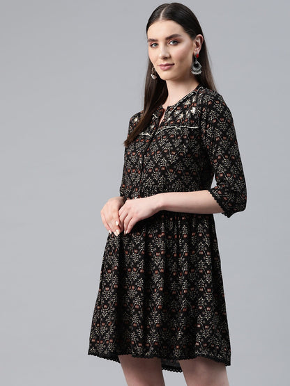 Black Color Rayon Fabric Gathered  Dress