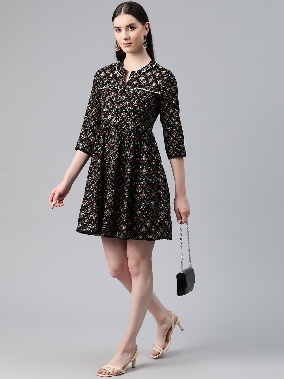 Black Color Rayon Fabric Gathered  Dress